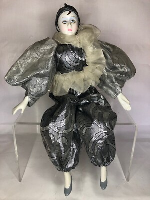 Harlequin Pierrot Porzellan Silber Grau 43cm venezianisch Karneval Modepuppe 