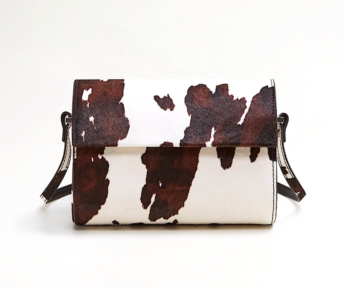 MANGO Crossbody Cylinder Bag WESTERN ANIMAL PRINT FUR Flap LEATHER