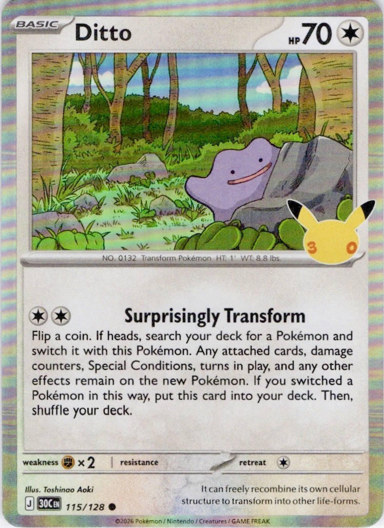 Ditto 115/128 Common ME: 30th Celebration Pokemon Holo Near Mint + 30th Sleeve
