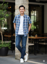 Men's Checked Shirt Short Sleeve Casual Cotton Blend Blue M-2XL Regular Fit