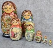 Vtg Traditional 7 Russian Matryoshka Fairytale Nesting Doll Set FREEUSHIP