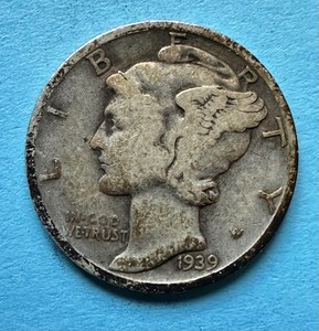 1939-D Mercury Dime. 90% Silver. Fine Condition. Wartime Coin. Charity Auction.