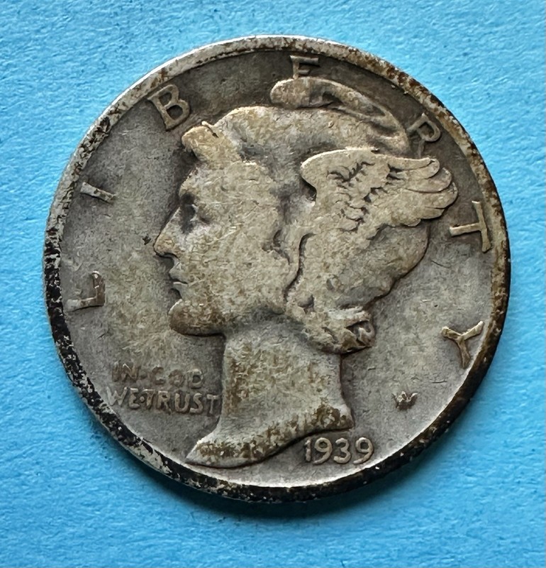 1939-D Mercury Dime. 90% Silver. Fine Condition. Wartime Coin. Charity Auction.