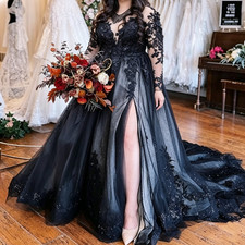 Black Lace Gothic Wedding Dress Long Sleeve V Neck Glitter Tulle Bridal Gown