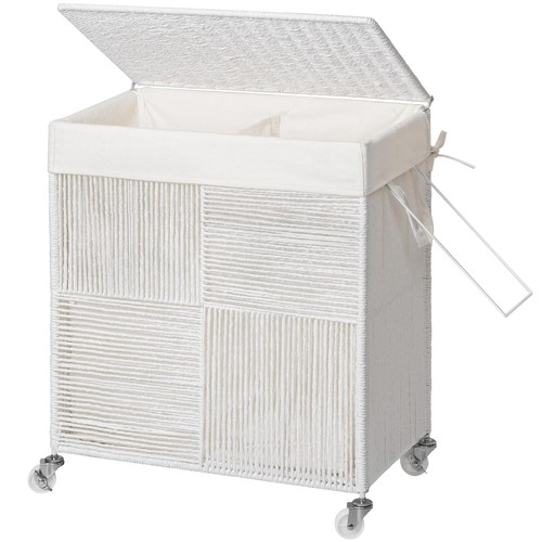 Double Laundry Hamper with Lid, Handwoven Rolling Laundry Basket with Wheels,...