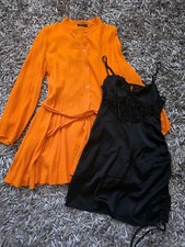 Size L Orange Black Corset Lace Runched Shirt Tie Floaty Flared Dress Bundle X2