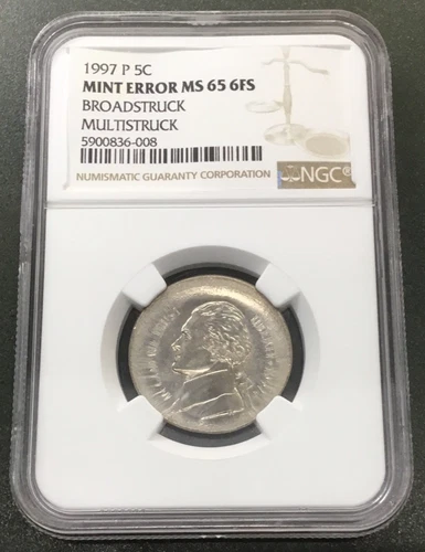 1997 Jefferson Nickel Major Mint Error Broadstruck & Multistruck - NGC MS-65 6FS