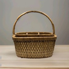 OLD Wicker Rattan Storage Basket W Handle Natural Bamboo Rectangular 4 Sections