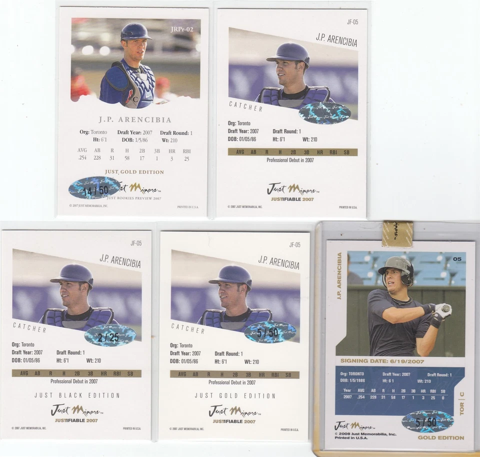 (5) 2007 2008 JP Arencibia Just Minors Justifiable ROOKIE AUTO /25 /50 Lot - USA - Image 2 of 2