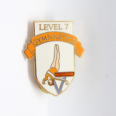 Level 7 Gymnastics Girl Pin Lapel Enamel Sport Gold Tone Orange White Color