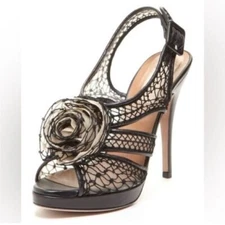 Valentino Garavani Lace Mesh Flower Sandals Slingback Heels Rosette Black Sz 40