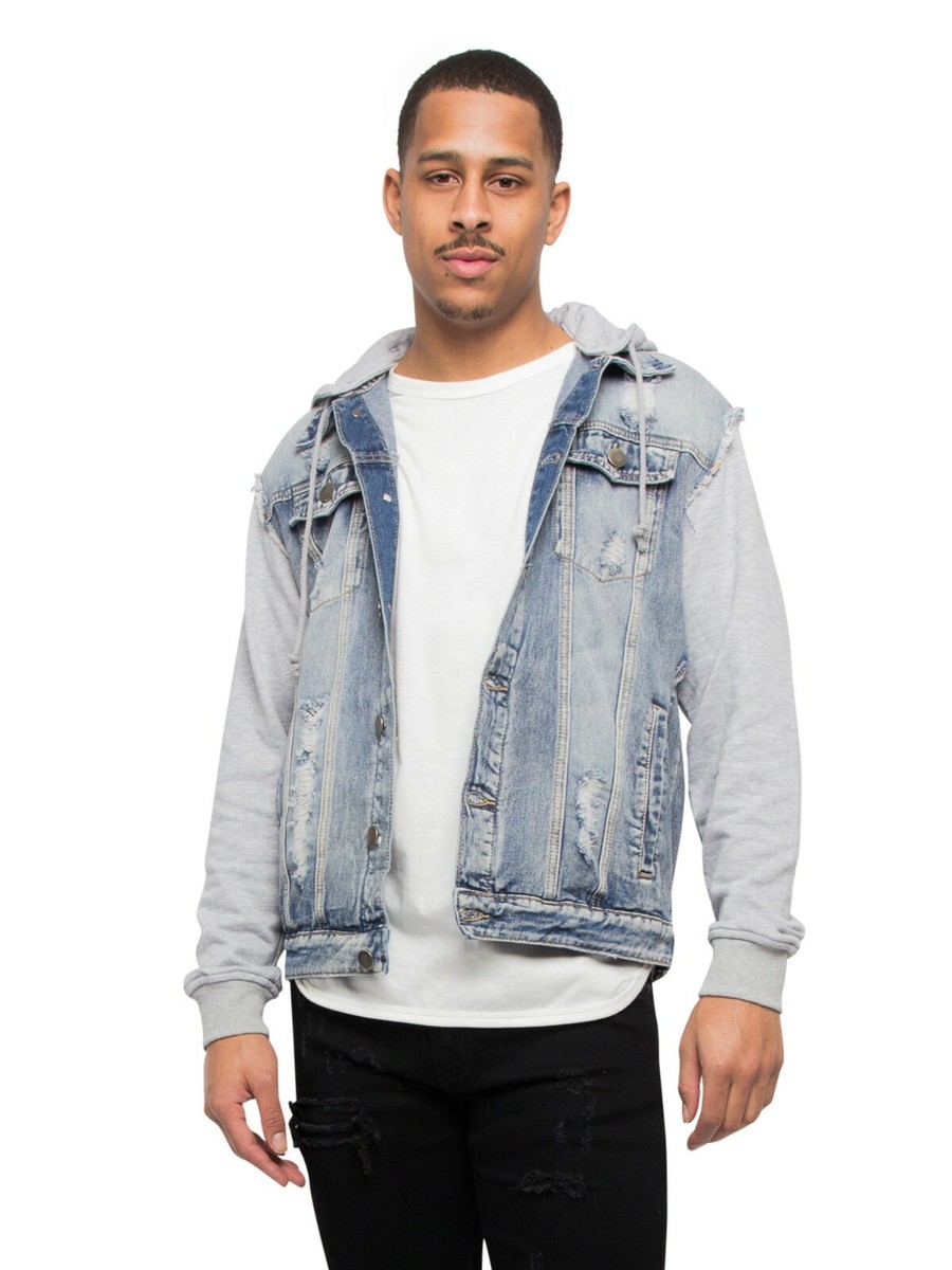 Men's Casual Ripped Distressed Fleece Hoodie Jean Denim Men's Casual Ripped Distressed Fleece Hoodie Jean Denim