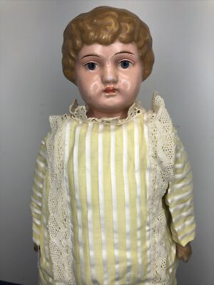 18  Antique German Minerva Tin Head Doll Painted Face Molded Blonde Hair #SF