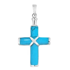 Christian Cross Blue Turquoise Inlay .925 Silver Pendant