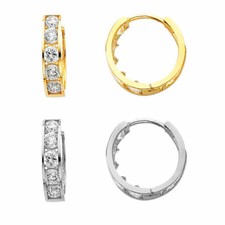 14K Solid YELLOW Gold 14MM CZ Cubic Zirconia Huggie Hoop Earrings