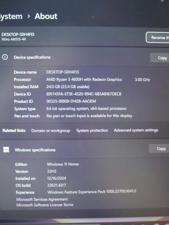 Acer Nitro5 AN515-44-R99Q 15.6 ” FHD AMD Ryzen 5 4600H 3GHz 24GB SSD Reset 256GB - Image 4 of 4