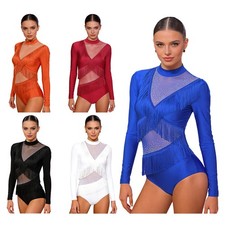 Women's Latin Dance Leotards Long Sleeve Fringe Samba Jazz Dance Bodysuit Tango