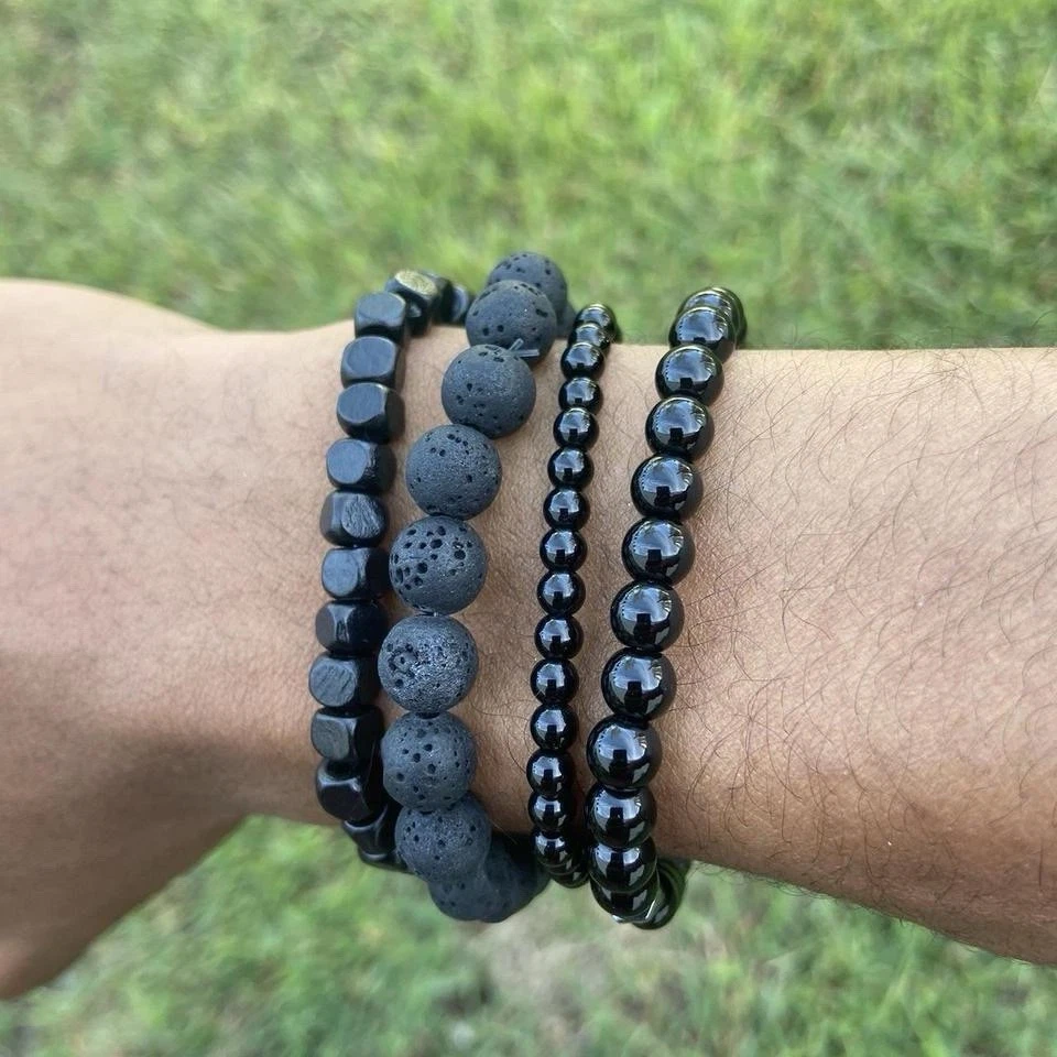4 pcs Black lava stone Goth stretchy Punk Bracelet set  Y2k Men Women halloween - Image 4 of 4