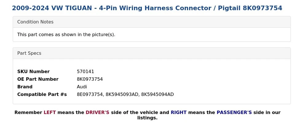 2009-2024 VW TIGUAN - 4-контактный разъем жгута проводов / косичка 8K0973754 - Изображение 3 из 3