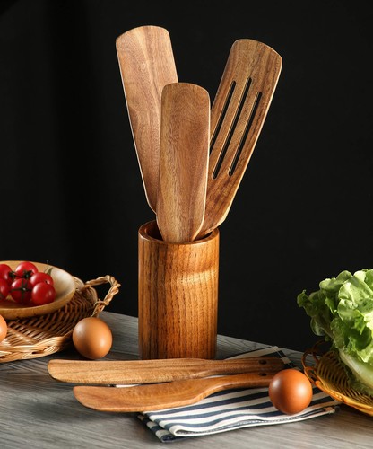 Holzspurtles Set mit Halter, Natur Teak Küchenutensilien 6er Set, Wärme... - Bild 3 von 7