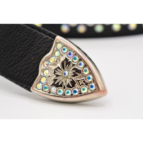 Genuine Leather Large Belt Rhinestone Crystal Aurora Borealis Black Thick - Picture 10 of 12