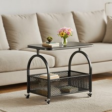 Mobiler Glas-Couchtisch,2-stöckiger moderner Cocktailtisch mit Aufbewahrungskorb