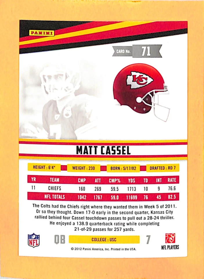 2012 Panini Rookies & Stars Longevity #71 Matt Cassel Kansas City Chiefs - Image 2 of 2