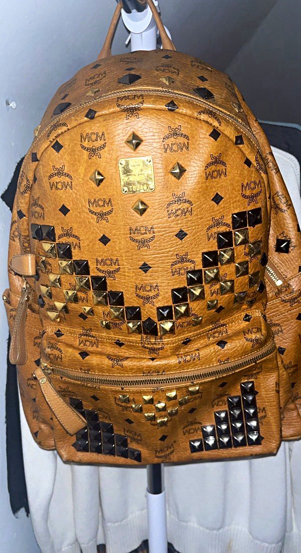 MCM Brown Monogram Studded Backpack Zip Closure Adjustable Straps Pockets