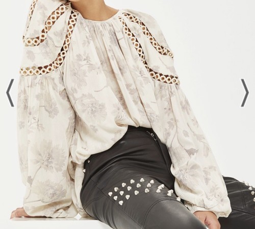 Topshop Smock Blouse Eyelet Floral Print Peasant Cottagecore US 8 UK 12 India - Picture 2 of 11