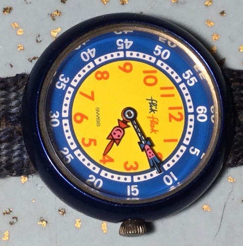 VTG 1988 FLIK FLAK CHILDS YELLOW/BLUE CIRCLE DIAL WATCH w/DARK BLUE CANVAS BAND - Picture 5 of 16