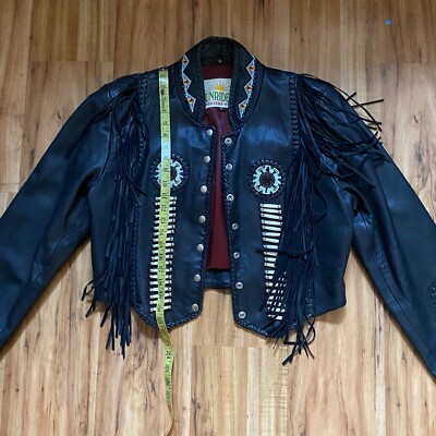 Vintage Sunriders Genuine Leather Fringe Beaded Native American