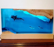 Ocean Whale & Divers Night Light Wood & Epoxy Resin USB Lamp LARGE 8.5" Length