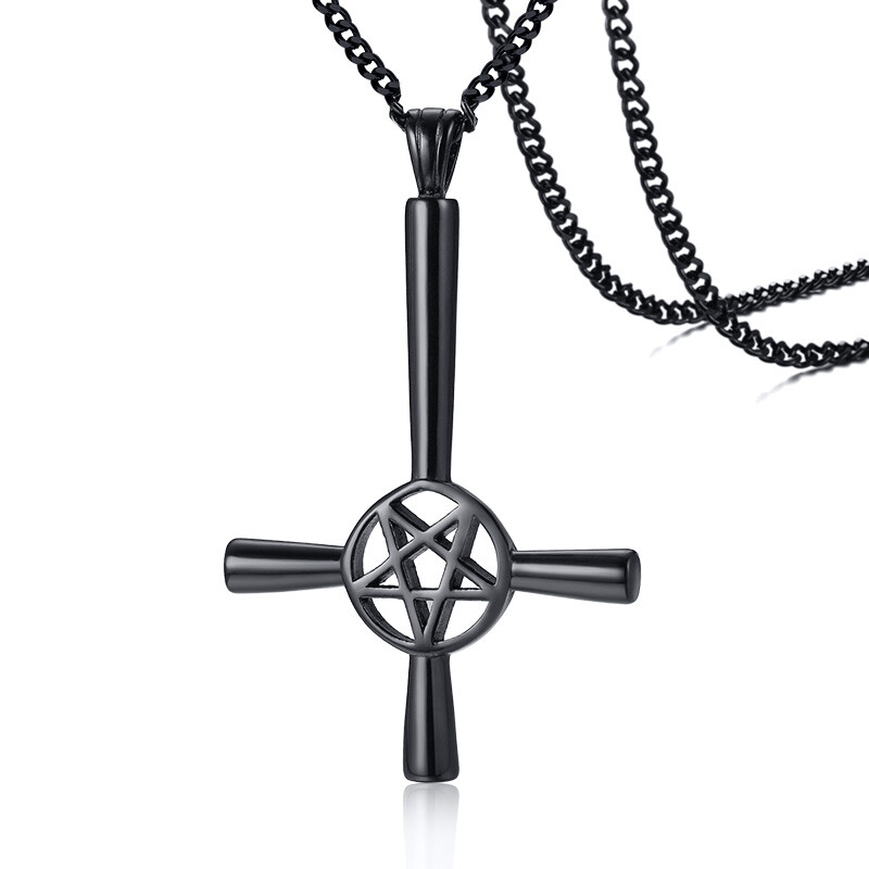 Mens S.Steel Gothic Pentagram Satan Pagan Witch Inverted Cross