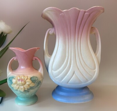 Hull 2 Vases Tulip 9'' Mardi Gras Grand Pink White Blue & Waterlily 5.75'' Read