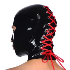 Unisex Latex Hood Behind Lacing Open Eyes Mouth Rubber Mask Club Wear Costume
