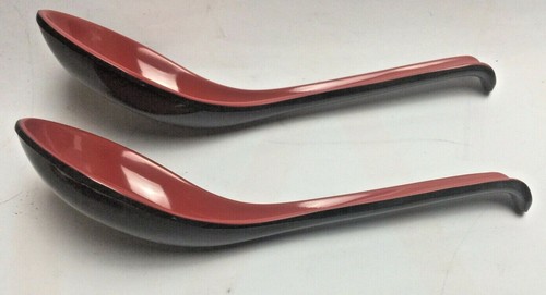 RED & BLACK 2 X MELAMINE LARGE CHINESE ASIAN DINNER BOWLS 22 CM DIA +2 SPOONS - Foto 4 di 7