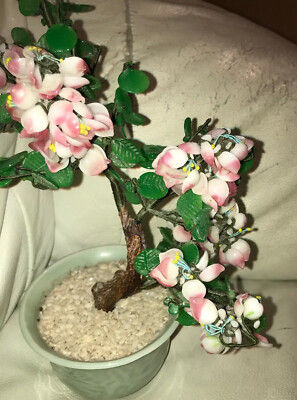 Vintage Bonsai Cherry Blossom Tree Green Glass Jade Leaves Chinese Ebay