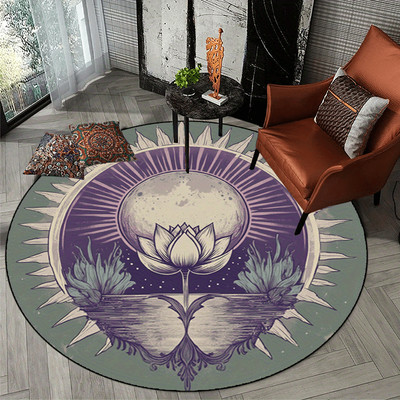 Non-Slip Machine Washable Round Area Mat - Cosmic Moon & Lotus Flower Design, Pu
