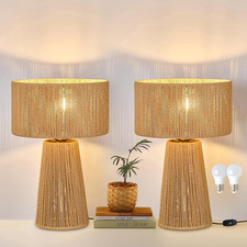 Set of 2 Boho Rattan Gold Table Lamps with Dimmer for Bedroom  Living Room