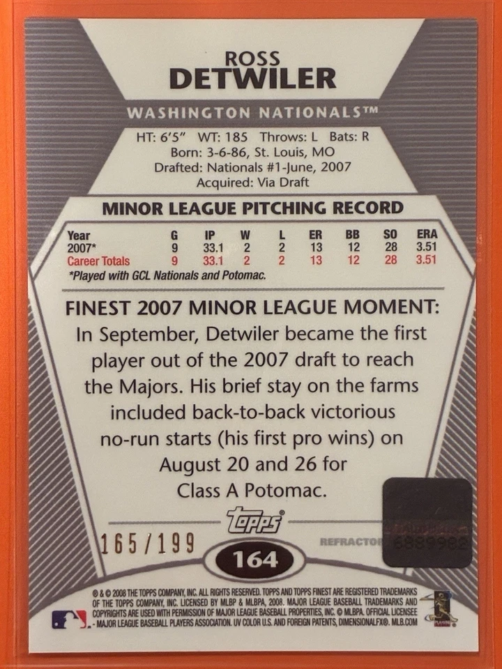 2008 Topps Finest Ross Detwiler Rookie Auto Green Refractor /199 RC #164 - Image 2 of 2