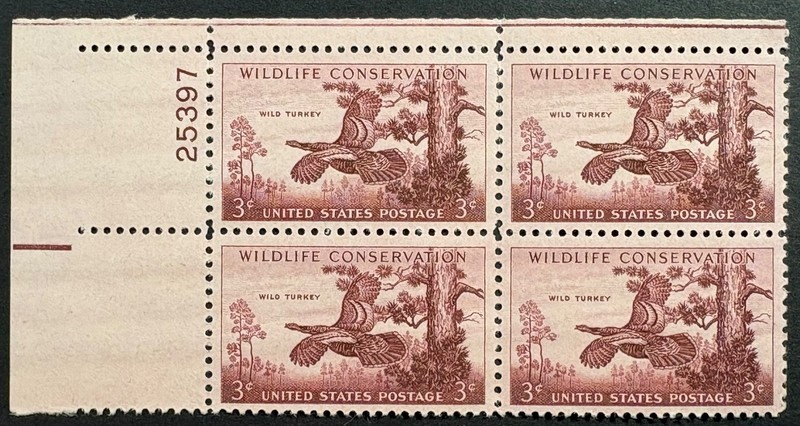 U.S. Scott #1077, P.B. of 4, Wildlife Conservation, Wild Turkey Issue, VF, MNH