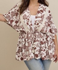New Torrid Women's 1X 14-16 Kimono Tie Waist Lace Trim Floral White  Brown