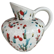 Mid Century Splatter Pottery White Speckled Pitcher Pot Jar Jug Watering Can 5”