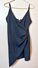 Black Faux Wrap Mini Slip Dress XL Y2K 90s Strappy Bodycon Cami Club Draped LBD