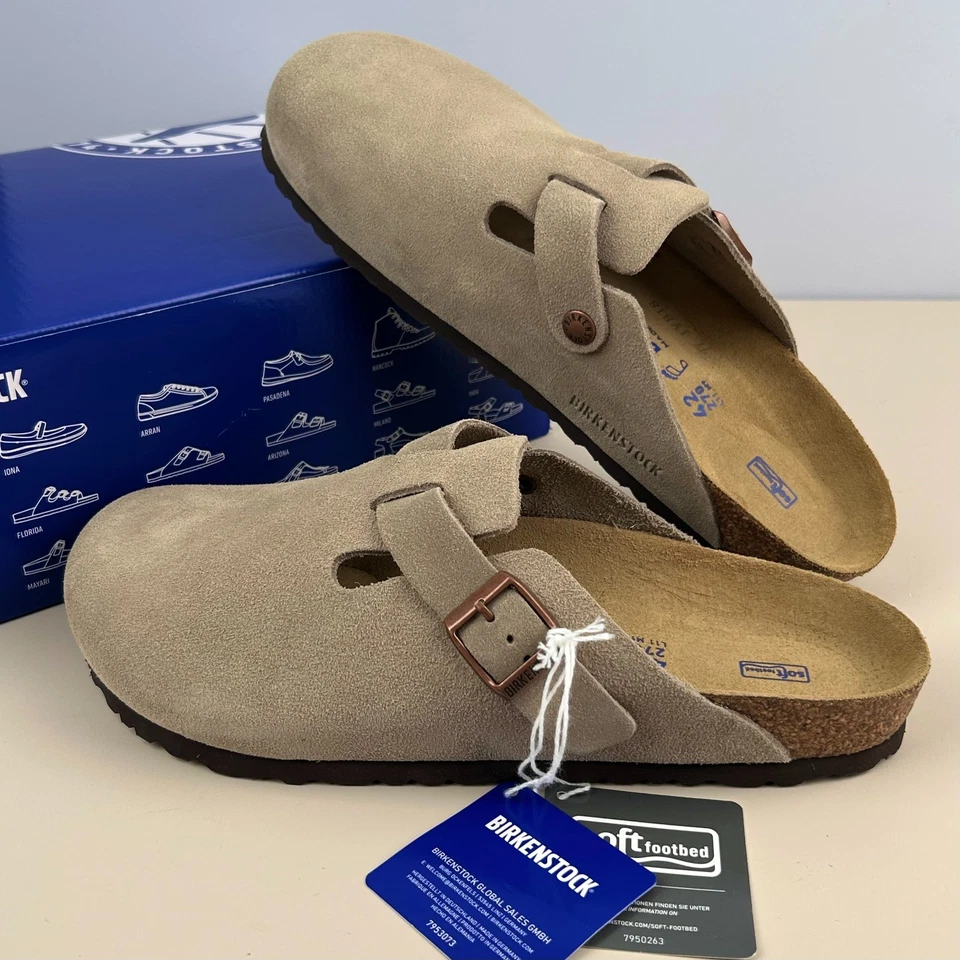 Zapatos para hombre Birkenstock Boston de gamuza topo de cuero plantilla suave zueco Foto 3 de 4