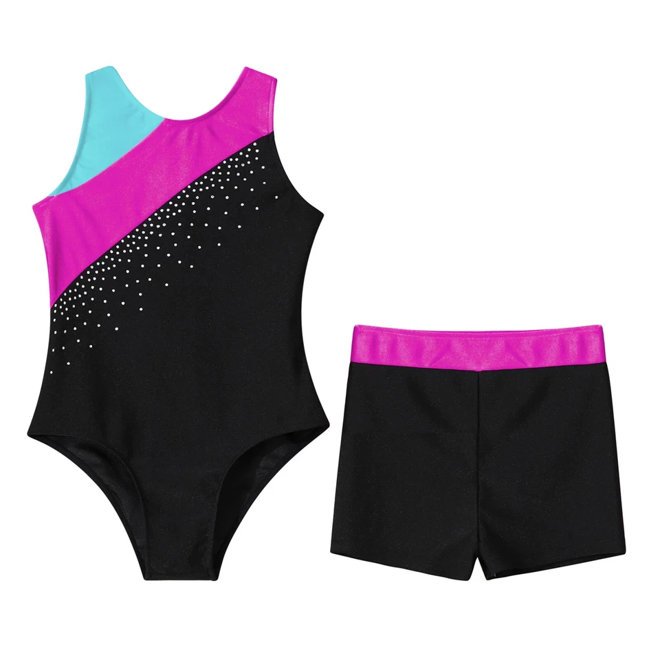 Conjunto de body con pantalones cortos de leotardos de baile de ballet brillante con diamantes de imitación para niños Foto 3 de 4