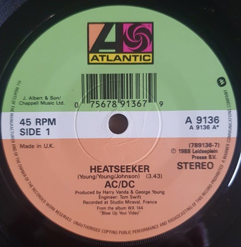 AC/DC Heatseeker UK 7" Vinyl Paper Labels Atlantic Records A9136 1988 - Picture 4 of 11