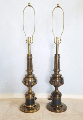 Vintage Stiffel Brass Table Lamps Hollywood Regency Black Enamel 39  Tall Pair