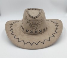 Tan Suede Leather Cowboy Hat With Brahma Bull Logo And Brown Flat Tube Trim
