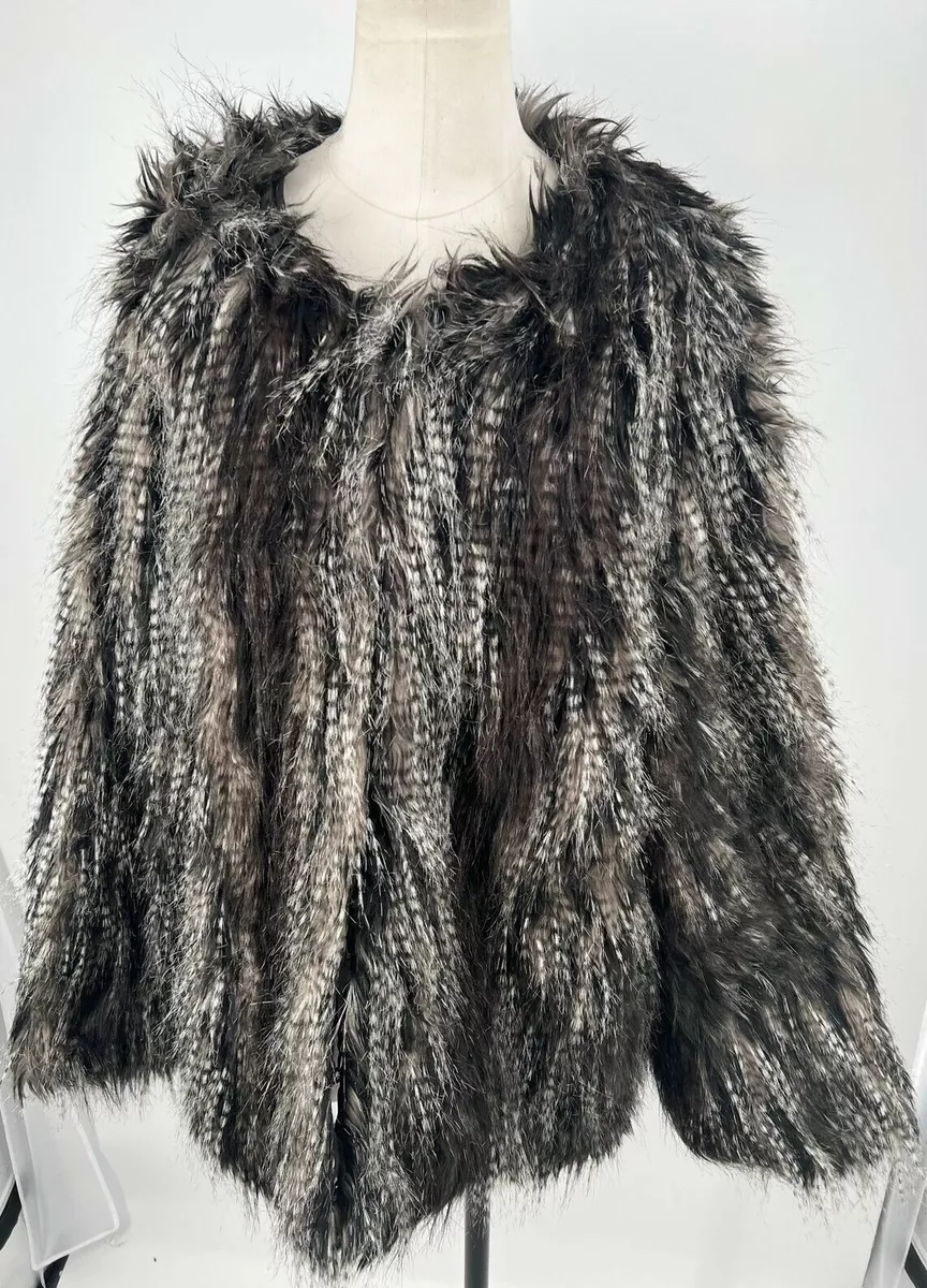 Ashley Stewart Women s Collarless Espresso Multi Color Fur Coat Jacket Sz 14 16